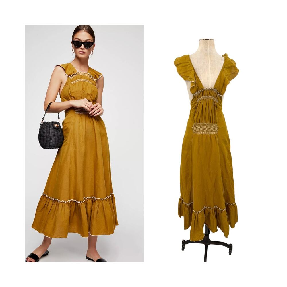 Free People Anika Linen Blend Smocked Ruffle Open Back Midi Dress Mustard XS